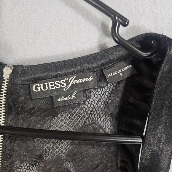 Vintage GUESS Dress Small LBD Stretch Satin and Lace Mini Retro Rave Club Party - Picture 3 of 9